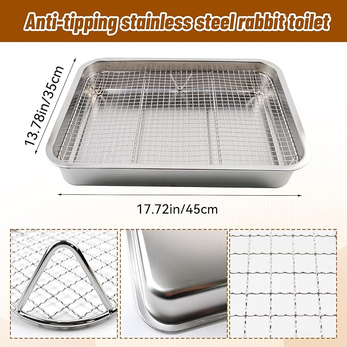 Rabbit Litter Box Stainless Steel Gird Rabbit Litter Box,304 Stainless Steel Sifting Tray with &Non-Slip Feet Mats,Small Animal Toilet Potty Tray Easy to Clean and Wash