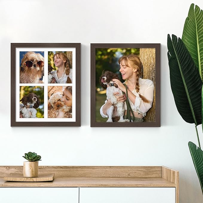 12x16 Picture Frame 5x7 Collage Picture Frame Displays Four 5x7 inch Photos or 12x16 (Without Mat) for Available Horizontal Wall Mounting Display and Vertical Walnut