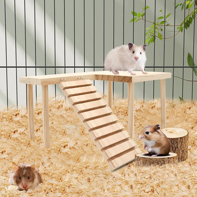 Hamster Wooden Platform with Legs, Large | Small Animal Climbing Ladder, Standing Rat Guinea Perch, Chew Toy, Cage Accessories