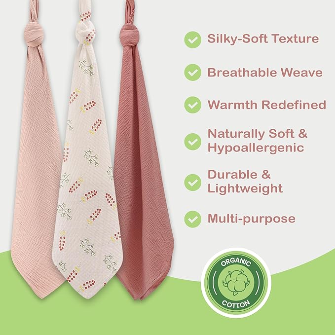 Organic Cotton Muslin Baby Blanket 3 Pack - 38x40 Inch Breathable Swaddle, Hypoallergenic Double-Layer, Versatile Use (Pink, Floral, Rust, 38x40 Inch)