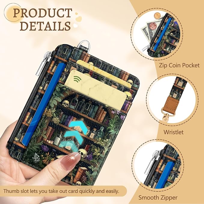 Kelvoris Credit Card Holder Small Wallet Women, Slim RFID, Bookshelf Goth | Keychain, Zipper Coin Pocket, Front Pocket Thin Travel Card Case, Minimalist, 6 Card Slots, 1 ID Window, Ladies Gifts Woman
