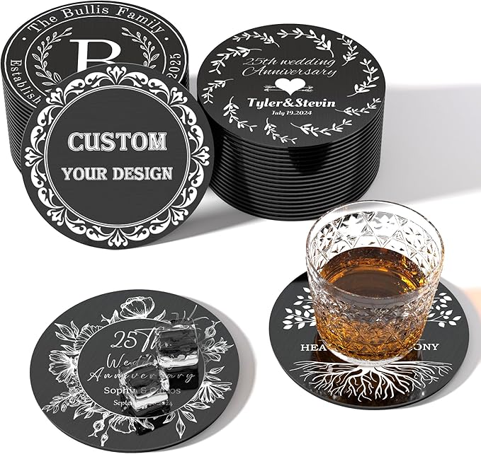 Personalized Coasters,Stainless Steel Coaster with Sponge Bottom,Engraved Drink Coasters with Logo/Name, Modern Coasters for Restaurant, Bar, Housewarming or Wedding Gift, Set of 6 (Black, Round)