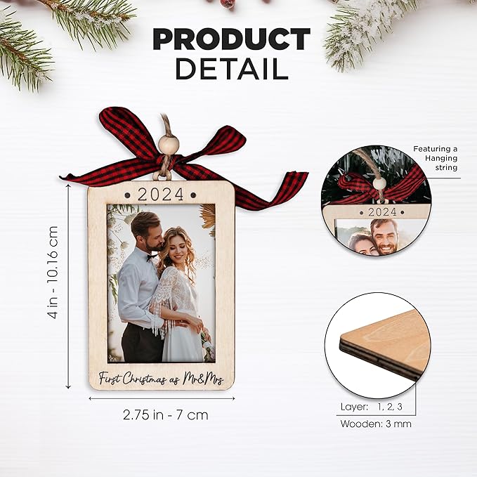 Christmas Photo Frame Ornament, 2025 Ornament, Wooden Picture Frame Ornaments With Hanging String (First Christmas As Mr & Mrs (Portrait))