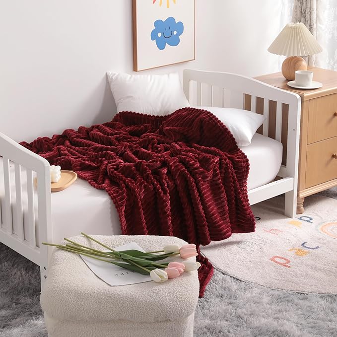 NTBAY Plush Flannel Oversized Baby Blanket, 50X60 Inches Soft and Warm Toddler Blanket with Striped Texture Nursery Bed Blanket for Stroller, Crib, Travel, Baby Gift, 50"x60", Wine Red