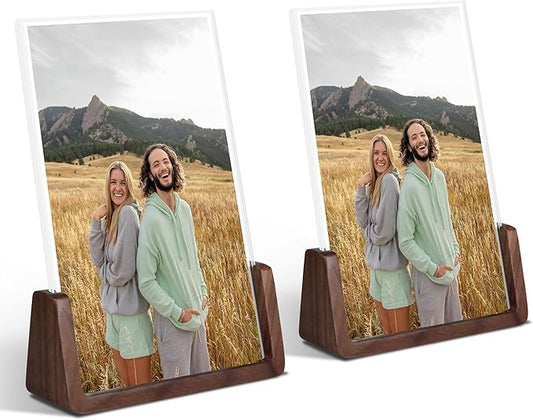 5x7 picture frames, Solid Rustic Wooden Photo Frames with Walnut Wood Base and High Definition Acrylic Glass Covers - for Tabletop or Desktop Display (5x7 inch, Vertical 2Pack)
