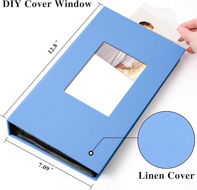 Photo Album Holds 300 Pockets with Linen Cover and Customizable Window, Fits 4x6 Photos, Archival Black Pages, Blue