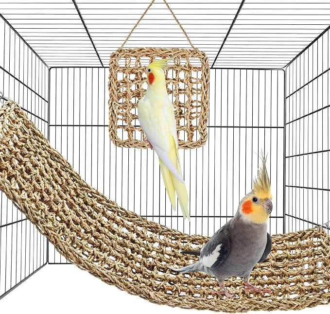 2 Pack Natural Sea Grass Parrot Mat, Bird Hammock Woven Climbing Net | DIY Bird Foraging Wall Hanging Play Pad, Bird Cage Accessories for Lovebirds, Cockatoos, Budgies, Conures & Pigeons