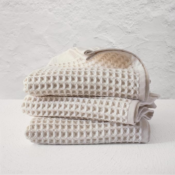 PÜSKÜL - Set of 3 Organic Waffle Hand Towel Natural Raw - Premium Quality, 100% Turkish Cotton, Soft, Quick-Dry, Absorbent, Lint-Free Face Kitchen Hand Towels (Natural Beige, Hand Towels - Pack of 3)