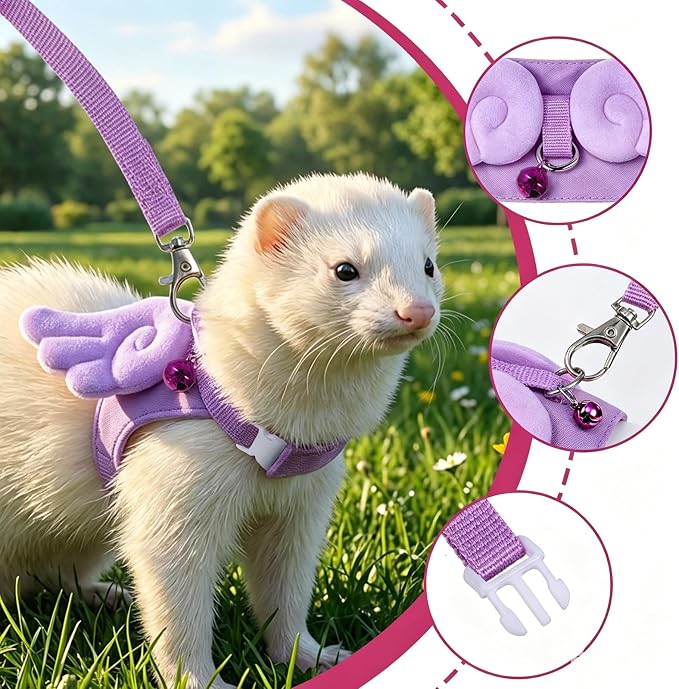 Ferret Harness and Leash Set Small Animals Vest Harness Soft-Harness Leash Vest Set with Bell Guinea Pig Clothes for Baby Ferret Rats Hamster Teacup Chihuahua Mouse Small Pet (Purple)