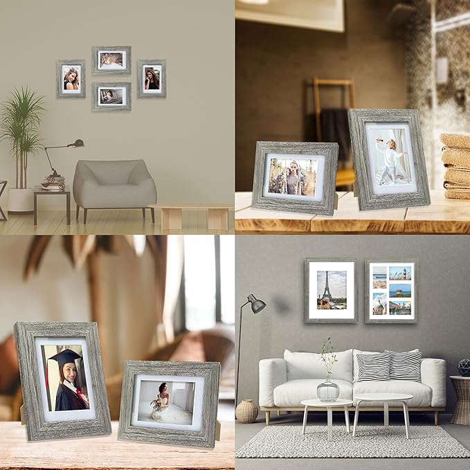 8x10 Picture Frame Set of 4, Made of Real Glass and Grey Wooden Frame, 8 by 10 Photo for Wall or Tabletop - Display Picture 5x7 with Mat or 8x10 Without Mat