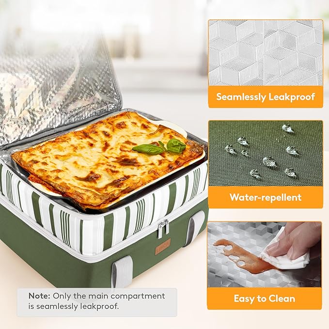 LUNCIA Insulated Double Decker Casserole Carrier, Lasagna Lugger Tote Keeps Food Hot or Cold, Thermal Lunch Bag for Potluck Parties, Picnic and Cookouts, Fits 9" x 13" Baking Dish, Dark Green