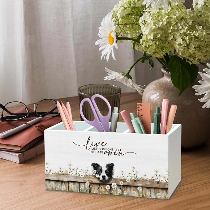 DILSJ Border Collie Inspirational Pen Pencil Holder Organizer for Desk, Border Collie Gifts, Live Like Someone Left the Gate Open Wooden Box Signs for Home Office Desk Tabletop Decoration， Supplies