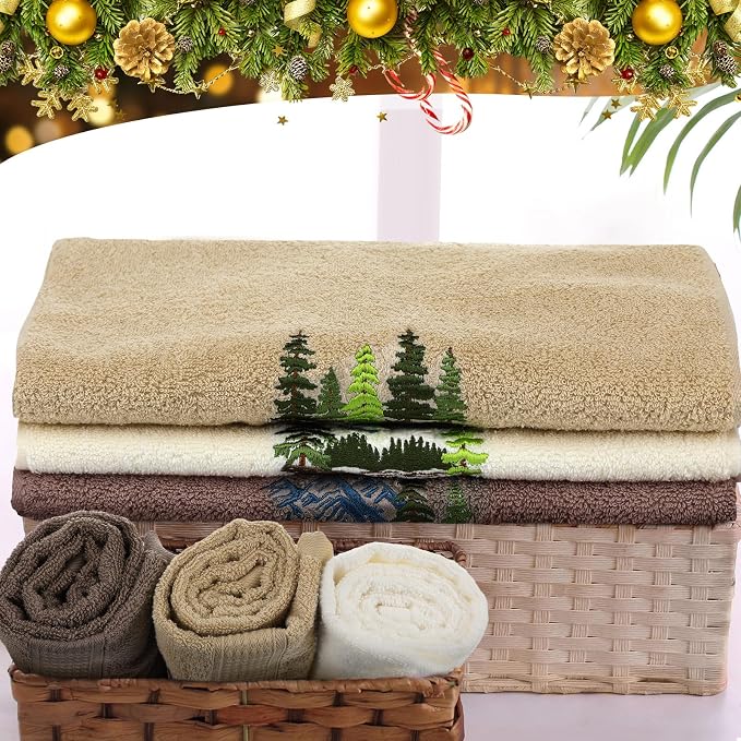 3 Pcs Mountain Hand Towels Farmhouse Decorative Bathroom | Towels Set 13. 3 x 29. 5'' Pine Trees Lodge Lake, Embroidered 100% Cotton for Home Bathroom Kitchen Decor