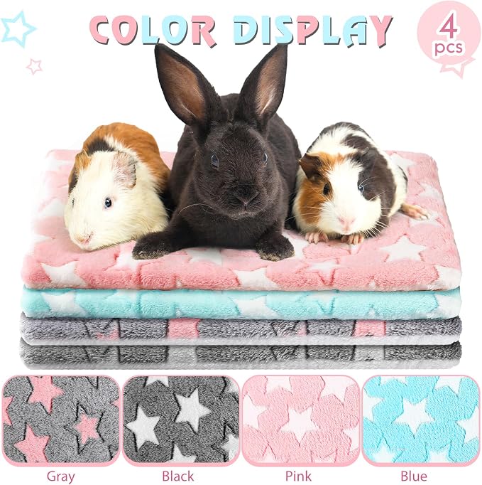 Haull 4 Pcs Waterproof Guinea Pig Bedding Soft Dog Cat Bed Crate Mat Small Animal Plush Cage Liners Rabbit Bunny Kennel Pad Reversible Cozy Pee Thickened Hamster Pad(Cute Star,13 x 10 Inch)