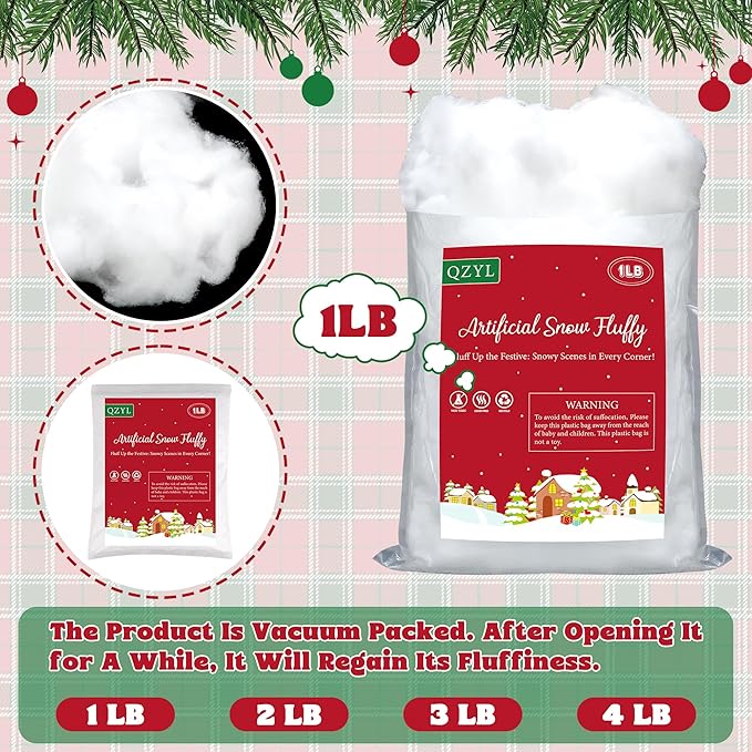 QZYL 1LB Fluffy Fake Snow, Cotton White Christmas Decorations, Vacuum-Packed Christmas Village Snow, Cotton Stuffing for Crafts Indoor Fake Snow for Christmas Tree Table Covering Home Winter Party