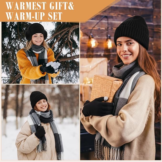Geyoga 6 Pcs Winter Hat Scarf Gloves Set Knitted Touchscreen Gloves Plaid Scarf Earmuffs Socks Gift for Women Men