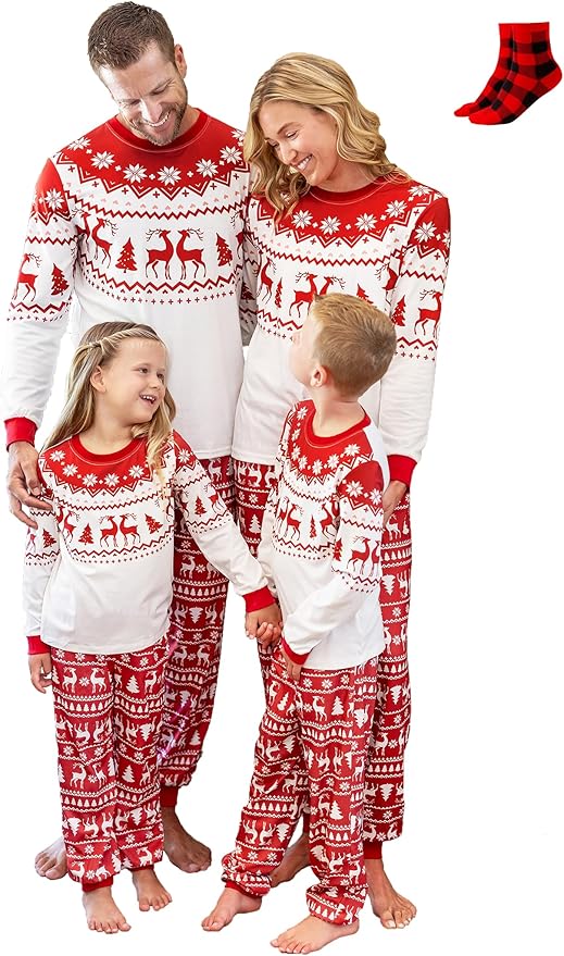 PATPAT Christmas Family Matching Pajama Sets Includes Christmas Socks - Perfect for Family Photos & Holiday Celebrations