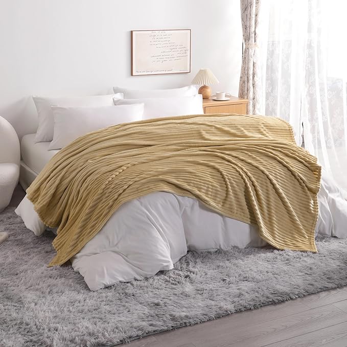 NTBAY Plush Flannel Twin Bed Blanket, 60x80 Inches Soft and Warm Lightweight Blanket with Striped Texture for Couch, Sofa, All Seasons, Khaki