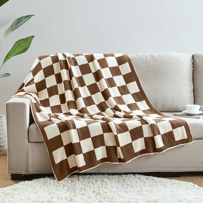 CozeCube Super Soft Fullfy Microfiber Reversible Knitted Blankets, Warm Cozy Fuzzy Plush Throw, Dark Brown and White Checkered Throw Blanket for Couch Bed Sofa, 50" x 60"