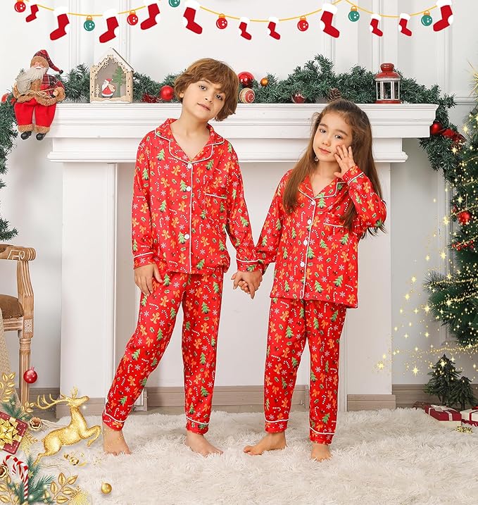 ANGELGGH Family Christmas PJs Matching Sets 2 Pcs Festival Party Pajamas Holiday Warm Sleepwear Couples Button Loungewear