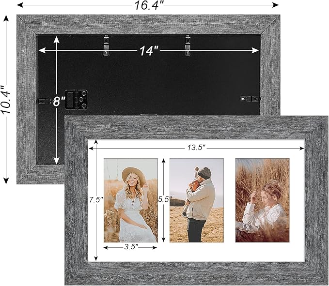 8x14 Picture Frame Display 3 opening 4X6 Picture Frame Collage,Multi Photo Frame with Mat,Plexiglass,Wall Hanging Decor,Grey Wood Grain