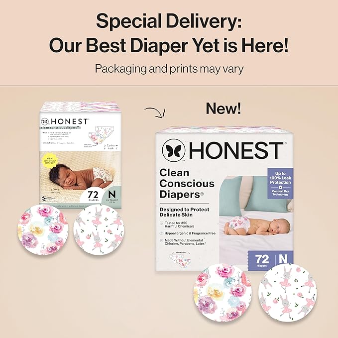 The Honest Company Clean Conscious Diapers for Delicate Skin Up to 100% Leakproof Hypoallergenic Fragrance-Free Baby Girl Prints Club Box Size Newborn 72 Count (Prints May Vary)