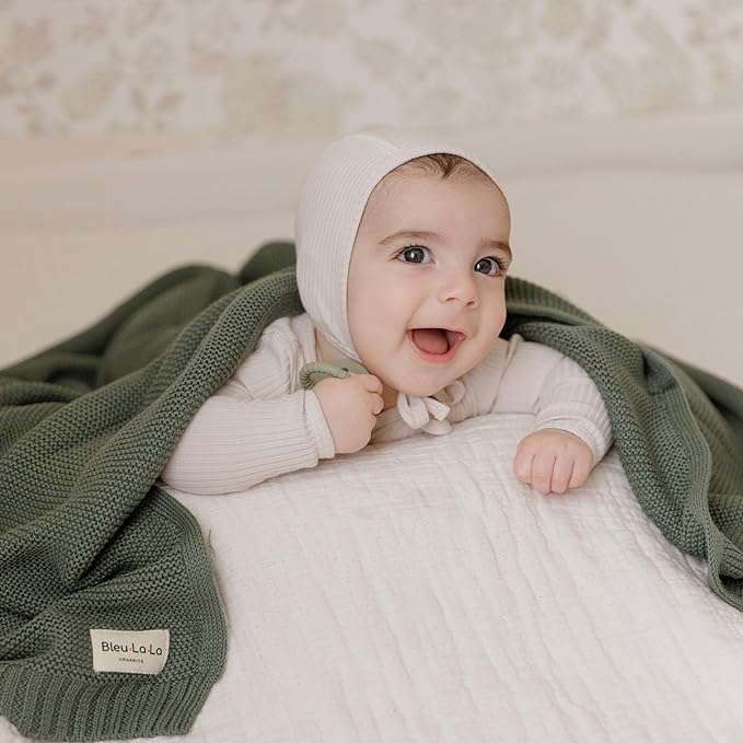 Heritage Knit Organic Cotton Receiving Swaddle Blanket for Boys - 100% Organic Soft Luxury Cotton Warm Cuddle Swaddling Blanket for Newborns Infants Toddler 36" x 32" (0-2Yrs - Denim Blue)