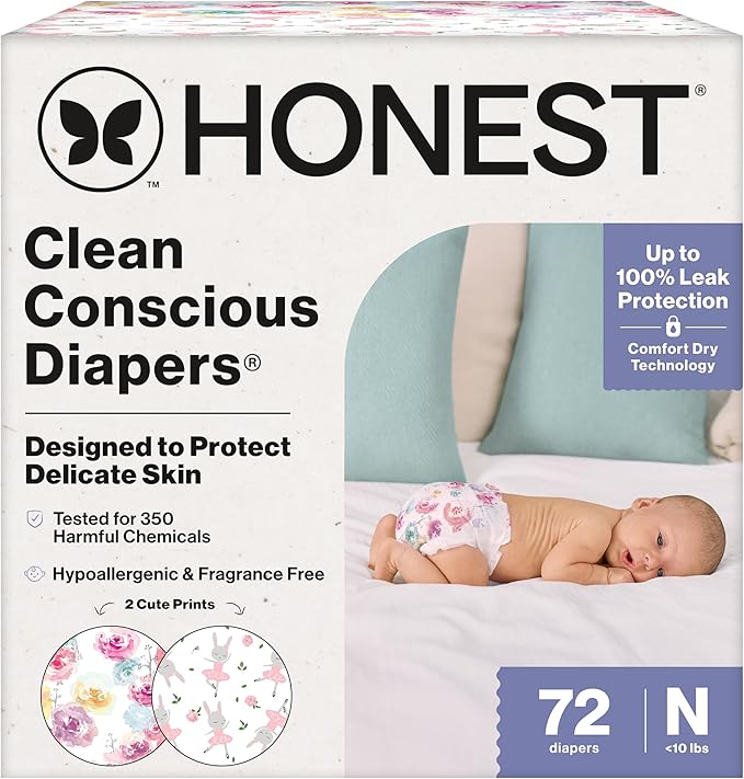The Honest Company Clean Conscious Diapers for Delicate Skin Up to 100% Leakproof Hypoallergenic Fragrance-Free Baby Girl Prints Club Box Size Newborn 72 Count (Prints May Vary)