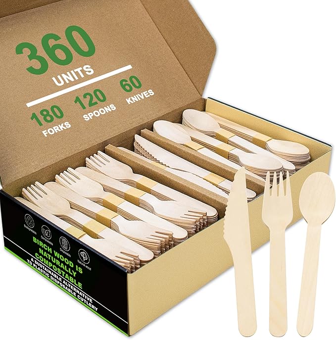 Disposable Wooden Cutlery Set - 360 Pcs Compostable Utensils [180 Forks, 60 Knives, 120 Spoons], Biodegradable Eco-Friendly Wooden Utensil Set, Disposable Cutlery for Parties Camping