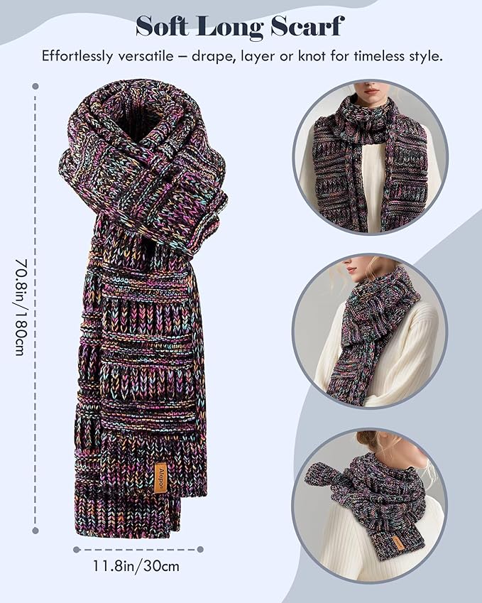 Winter Beanie Hat Scarf Gloves Set for Women, Slouchy Beanie Long Scarf Touchscreen Gloves, Warm 3 in 1 Christmas Gift Set