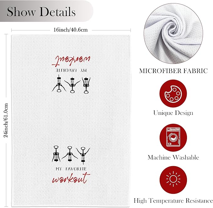 Funny Wine Kitchen Towels, Funny Hand Dish Tea Towels for Home Kitchen Bar Cart Decor, Bar Towel Gifts for Bartenders, My Favorite Workout, 16x24 Inch