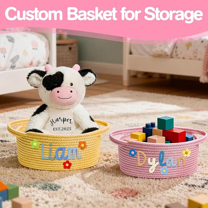 Personalized Baby Gift Baskets Empty with Name, Custom Toddler Woven Storage Baksets with Handle, Baby Shower Basket Gifts for Infant New Parents