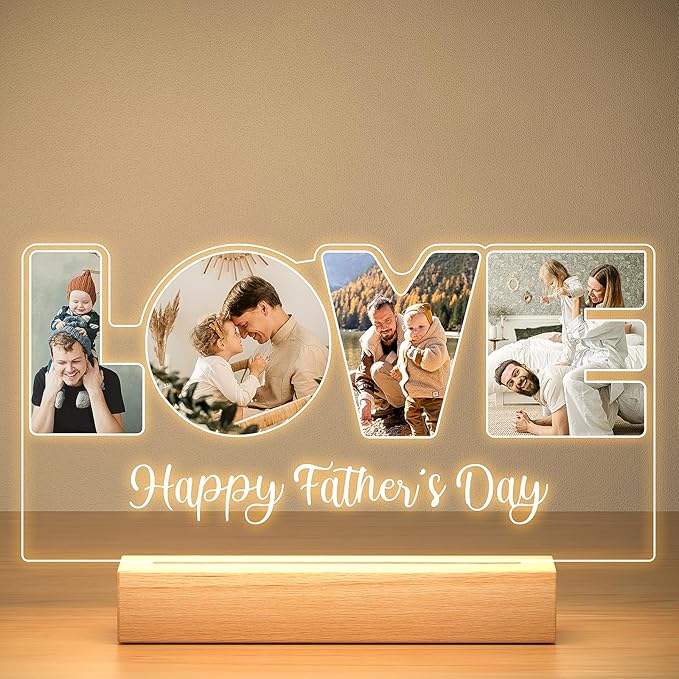 Personalized Father's Day Gifts for Dad/Kid/Baby/Family/Pet, Custom LOVE Picture Frames with Photos, Custom Acrylic Plaque with Night Light, Personalized Dad Birthday Gifts