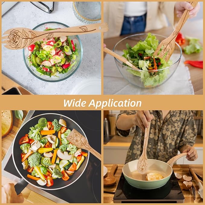 GLOBLELAND 6Pcs Floral Bamboo Cooking Utensils Wooden Engraved Cooking Spoons Set Carving Kitchen Bamboo Spatula Set for Women and Men Wood Cooking Spoon for Kitchen House Warming Gift