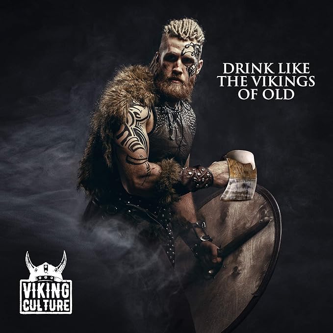 Viking Culture Ox Horn Mug, Shot Glass, and Axe Bottle Opener (3 Pc. Set) Authentic 16-oz. Ale, Mead, and Beer Tankard | Vintage Stein with Handle | Custom Intricate Design - Natural Finish | The Jarl