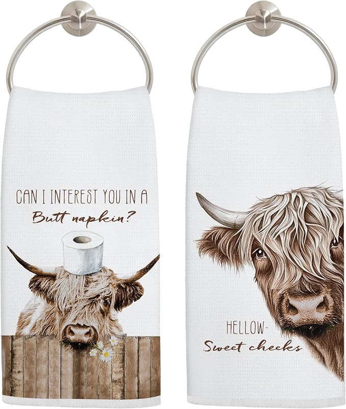Hello Sweet Cheeks Highland Cow Bathroom Hand Towels, Highland Cow Bathroom Decor, Funny Scottish Cattle Farm Animal Hand Towels for Bath Room Washroom Toilet Decor, 16x24 Inch Set of 2