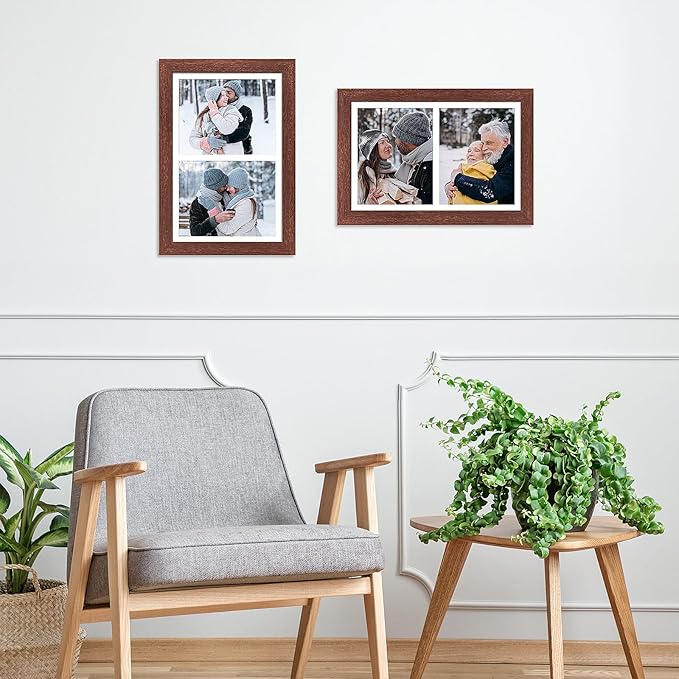 11x17 Picture Frame Display 2 opening 8X10 Double Picture Frame Collage,Multi Photo Frame with Mat,Plexiglass,Wall Mount Decor,Walnut Wood Grain