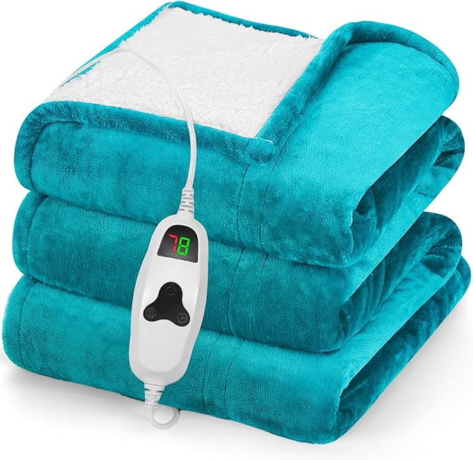 greenoak Heated Blanket Electric Throw 50"X60", Heating Blanket with 10 Heat Levels 1/2/4/6/11 Hours Auto-Off Overheat Protection, Flannel Sherpa Soft Warm Heater Blanket, ETL Certified Lake Blue