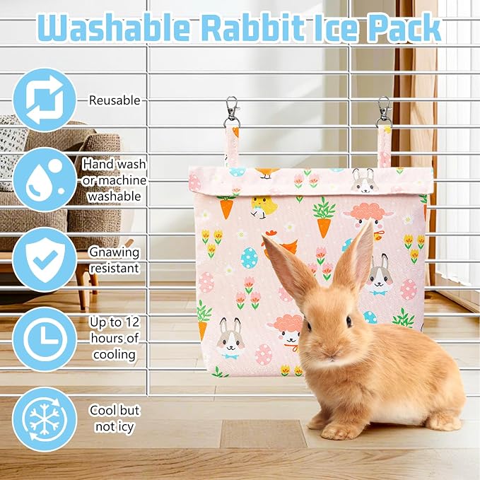 Rabbit Cooling Pouch with 2 Ice Boxes Small Animal Hanging Cooling Pad Set for Cage No Condensation Bunny Cooling Mat Washable Ice Bag for Guinea Pig Chinchilla (Style A)