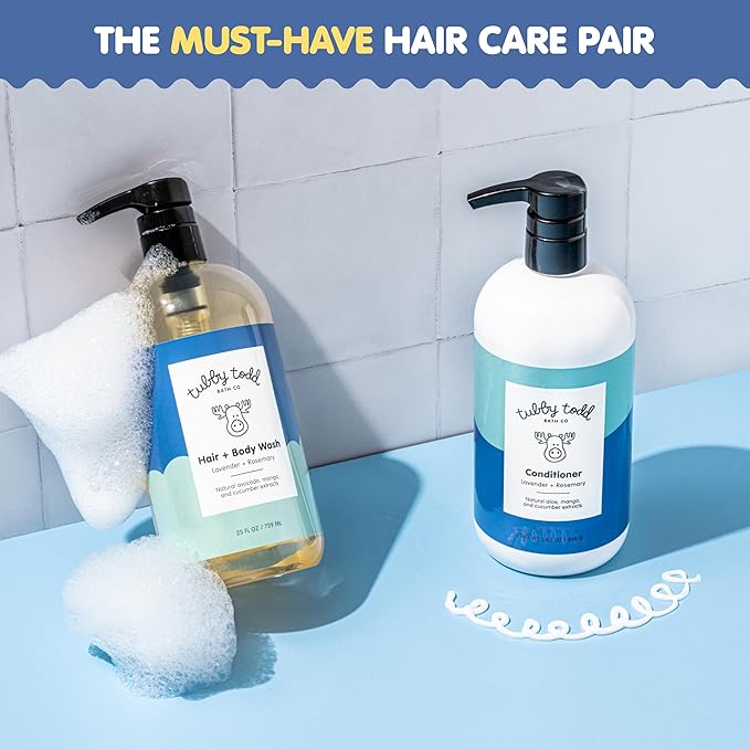 TUBBY TODD Hair Duo - Baby Shampoo and Conditioner Set - Gentle & Moisturizing Hair Care - Hypoallergenic, Non-Irritating - For Newborns, Toddlers & Kids - 25 Fl Oz & 24.3 Fl Oz - Fragrance-Free