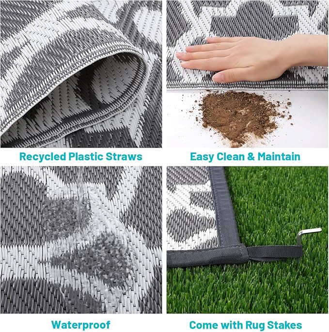 HEBE Outdoor Rug Waterproof 8x10, Plastic Straw Rug Camping Rug, Reversible Outdoor Patio Rugs RV Mat Clearance, Indoor Outside Floor Carpet for Porch,Deck,Camper,Balcony,Backyard