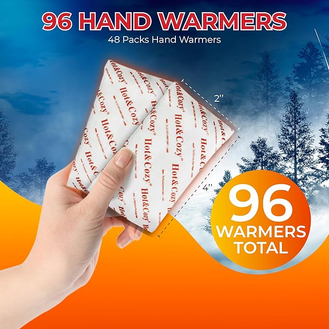 Hot&Cozy Hand Warmers - Super Long Lasting Safe Natural Air Activated Warmers - Odorless Hot Hand Warmer -Up to 10 Hours of Heat - 96 Packs - 48 Pair