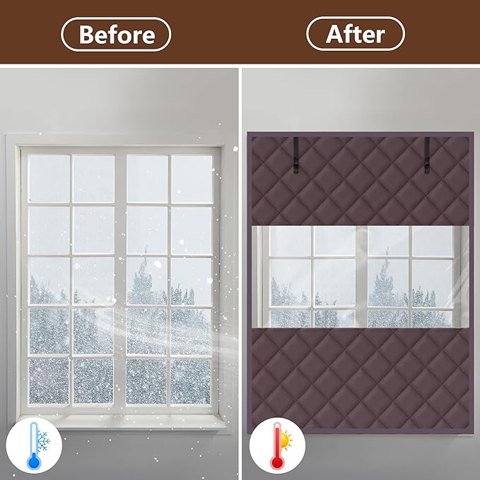 3 Layer 63 x 47 Inch Visible Winter Insulated Window Cover,Oxford Thermal Insulated Window Blanket with Fastener,Brownish Red Window Insulation Kit for Winterizing Keeping Home Warm