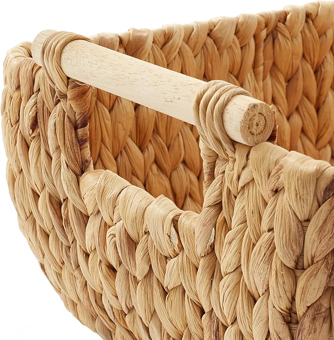 Casafield Set of 2 Water Hyacinth Oval Storage Baskets with Wooden Handles - Medium, Woven Bin Organizers