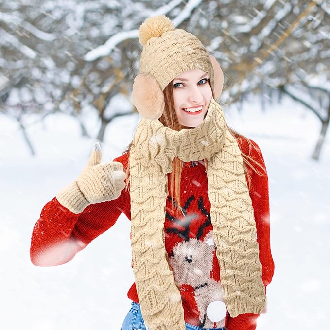 JenPen 4 Pcs Winter Hat Scarf and Gloves Set for Women Include Ear Cover Cold Weather Scarf Hat Knit Beanie Gloves