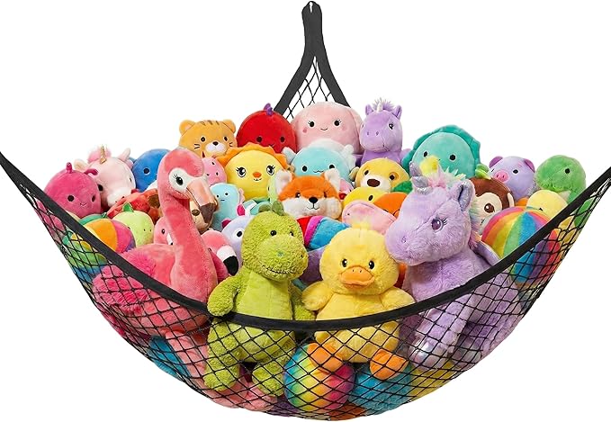 Lazebox Stuffed Animal Net Hammock for Plushie Toys, Stuffed Animal Hammock Corner for Kids' Room Decor, Ideas for Organizing Stuffy Collection, Easy to hang with Anchors & Hooks, 1 Pack, Black