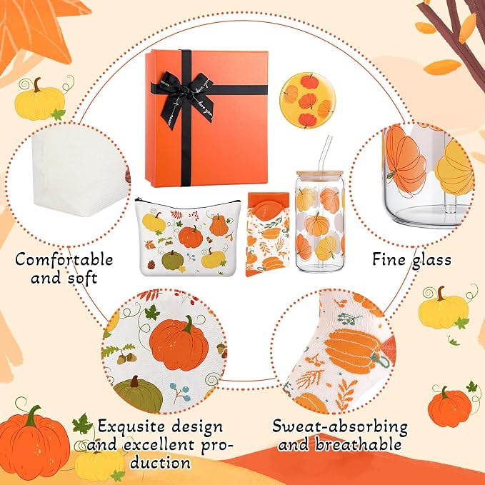 Kacctyen 5 Pcs Thanksgiving Gifts Basket for Women Orange Pumpkin Birthday Gift Basket 16 oz Pumpkin Cup with Lid Straw Makeup Bag Socks Mirror for Thanksgiving Friendsgiving Holiday Souvenirs