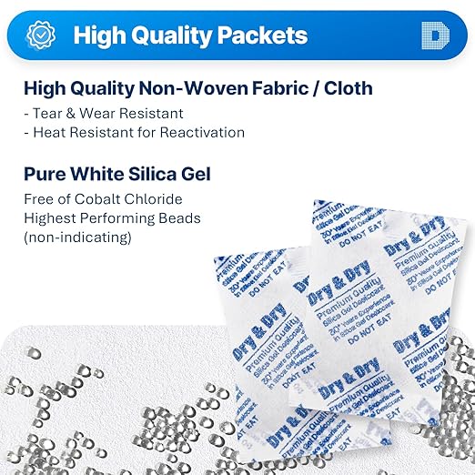 Dry & Dry 20 Gram [100 Packets] Silica Gel Packets Desiccants, Silica Packets - Rechargeable Silica Gel Packs, Moisture Absorbers, Desiccants Packets, Silica Gel