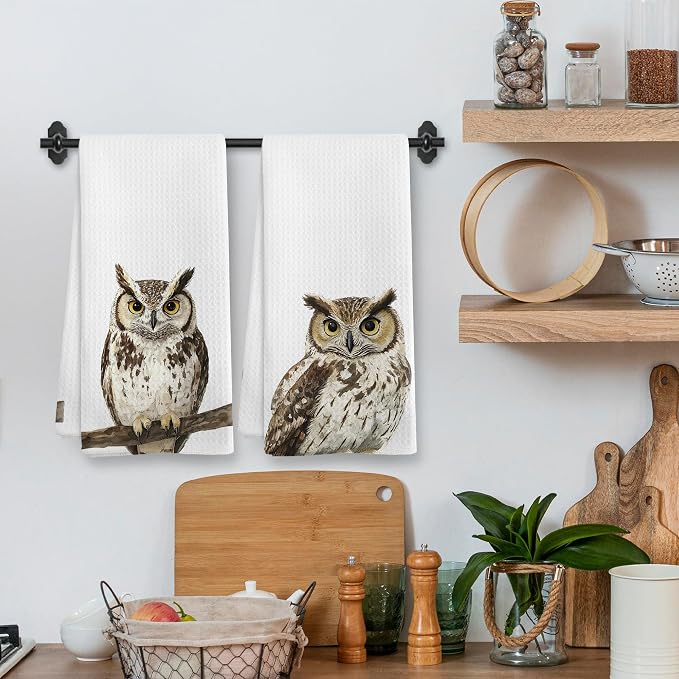 Funny Fall Owl Kitchen Towels and Dishcloths Sets of 2, Owl Home Decor Gifts for Women, Woodsy Rustic Cabin Lodge Forest Nursery Decor Dish Hand Tea Towels for Home Bathroom Kitchen,16x24Inch