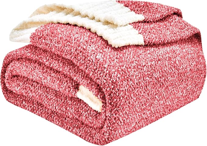 CozeCube Super Soft Fullfy Microfiber Reversible Knitted Blankets, Warm Cozy Fuzzy Plush Throw, Christmas red and White Melange Throw Blanket for Couch Bed Sofa, 50" x 60"